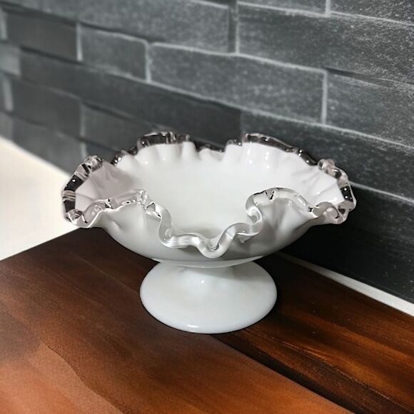 Fenton Silver Crest Compote Pedestal Dish Milk Glass Ruffled Edge Mid Century. - Picture 13 of 16